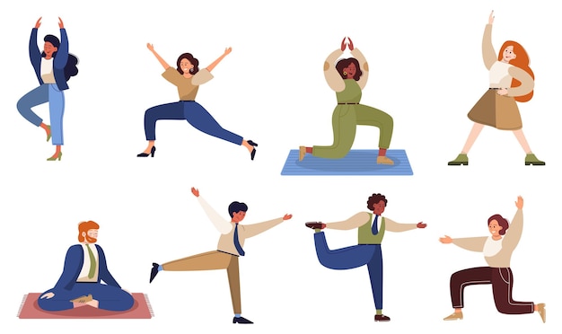 Business woman and man in yoga pose set asana or exercise for men and women