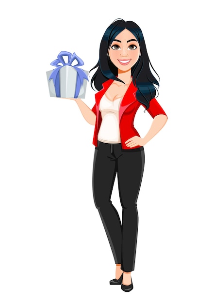 Business woman, manager, banker, beautiful successful girl. businesswoman cartoon character holding a gift box. stock vector illustration