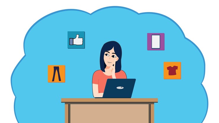 Vector business woman at office work with online payment shopping online vector illustration