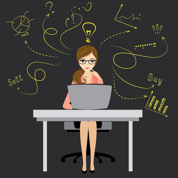 Деловая женщина или офисный работник, сидящий за компьютером, финансирует концепцию идеи с вектором знаков.