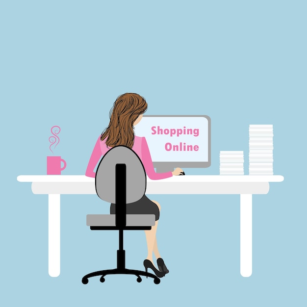 Business Woman or office worker working on computer Back Rear View Flat Vector Illustration