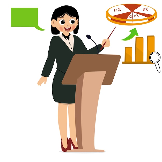 business woman pointing at a chart board business woman in suit making presentation explaining