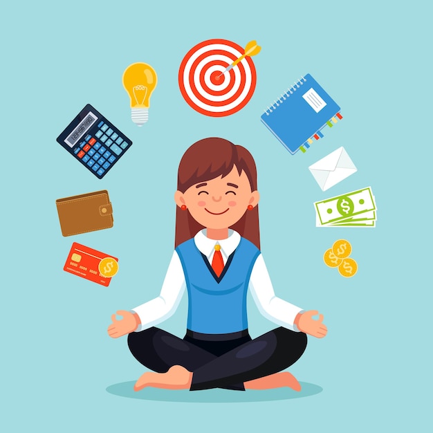 Business woman practicing mindfulness meditation with office icons on the background. multitasking and time management. woman practices yoga in the lotus position