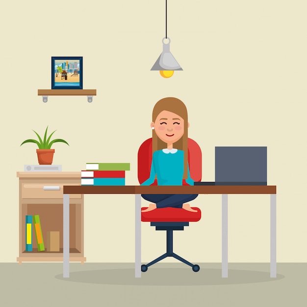 business woman practicing yoga in office chair