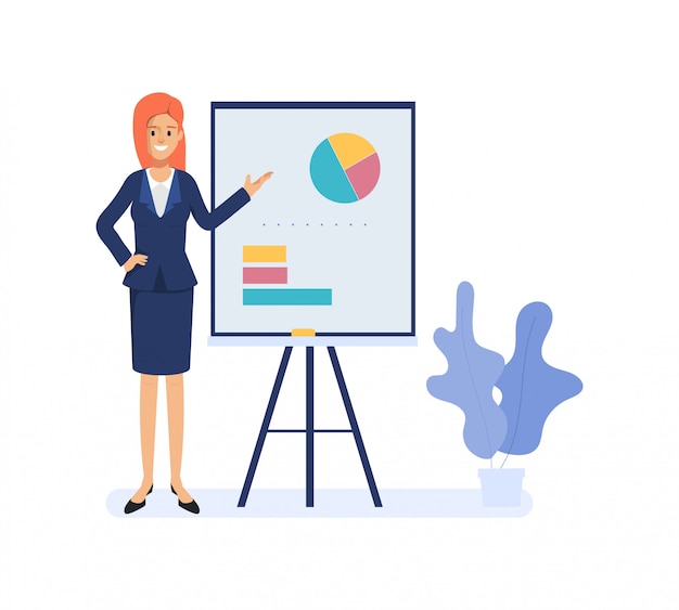 Vector business woman presenting to business chart on whiteboard. character of business people operation.