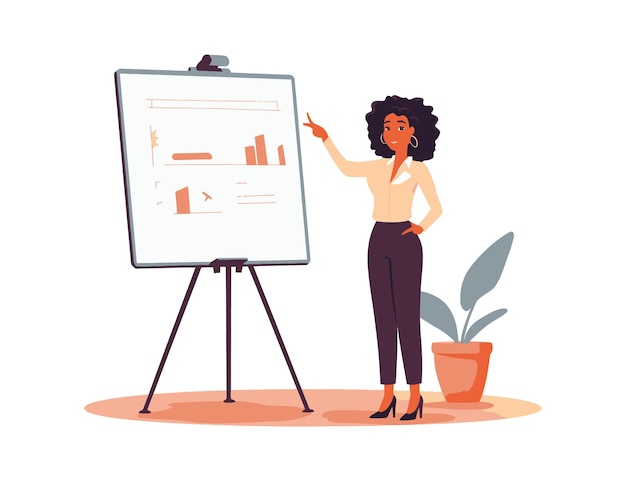 Business woman presenting on flipchart Vector illustration in flat cartoon style