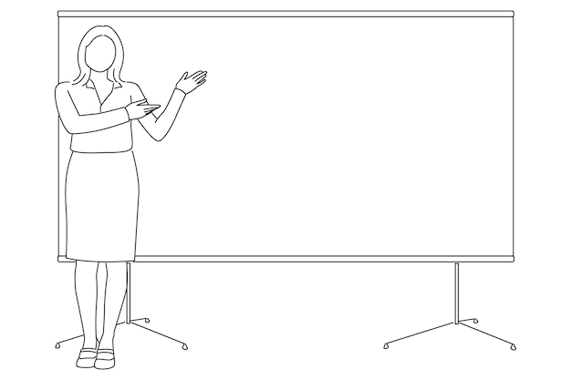 Business woman presenting a whiteboard Line art style