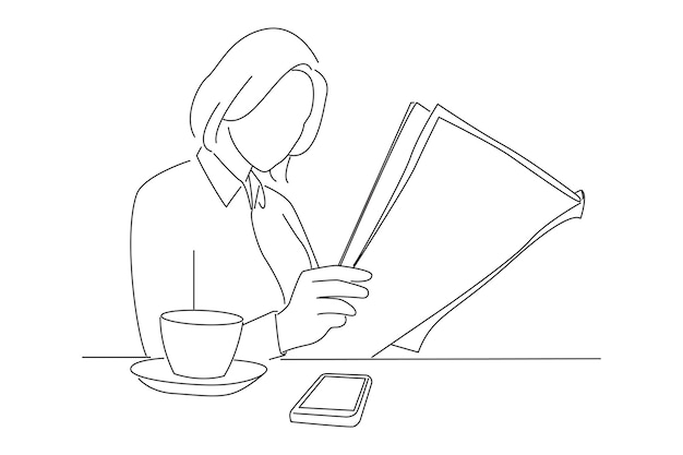 Business woman reading a newspaper at outdoor cafe Outline drawing style art
