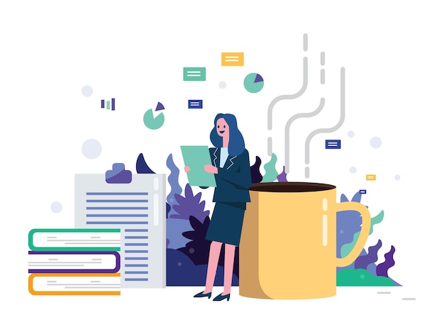 Business woman reading report with hot coffee office life flat illustration vector design