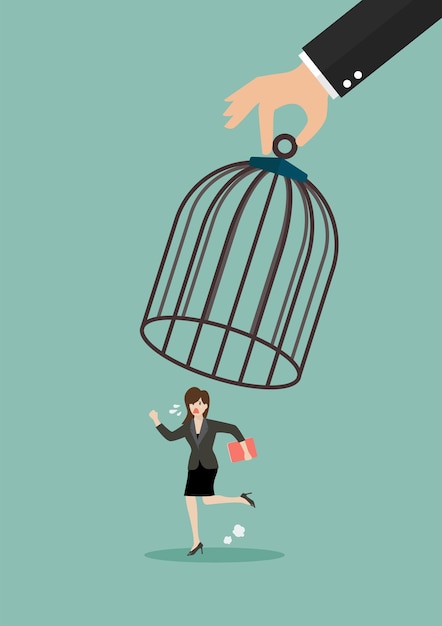 business woman run away from big birdcage. business concept. vector illustration