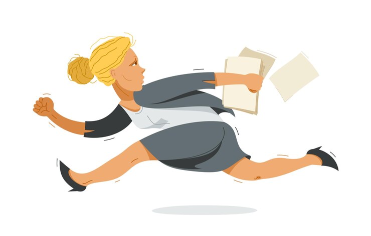 Vector business woman run and hurry late vector illustration funny comic cute cartoon accountant or businesswoman worker or employee in a rush