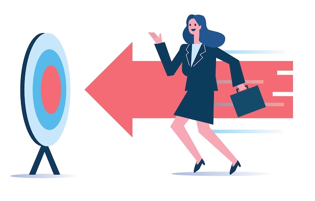 Business woman running to the target Goal and leadership business concept Isolated flat graphic design vector illustration