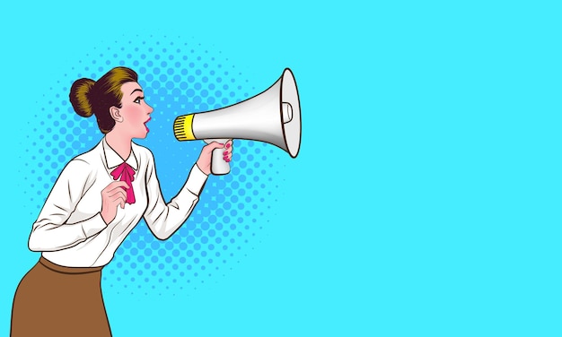 Business woman screaming with megaphone  pop art comics style.