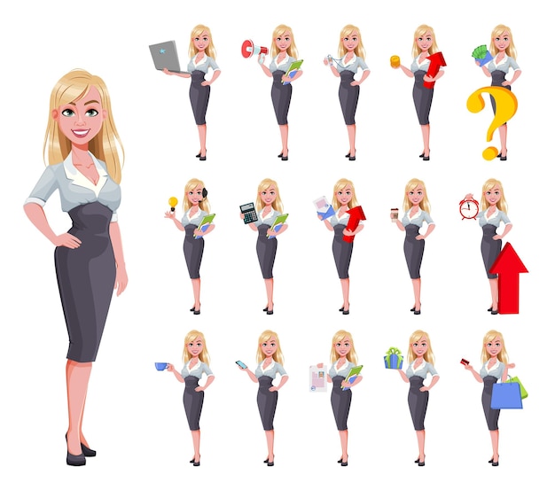 Vector business woman, set of sixteen poses. beautiful businesswoman cartoon character. vector illustration