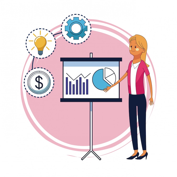 Vector business woman showing statistics on whiteboard