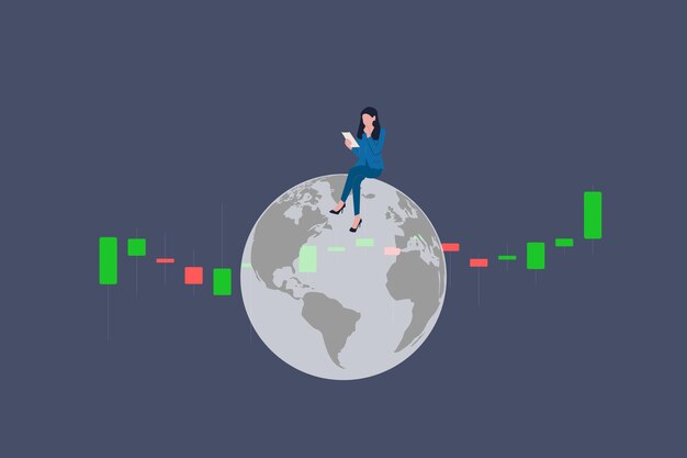 Business woman sitting on the big globe with financial graph Business opportunity stock market trading and financial analysis