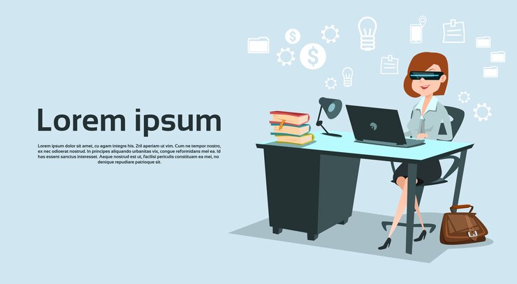 Vector business woman sitting at desk working 