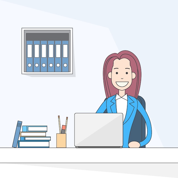 Vector business woman sitting at desk