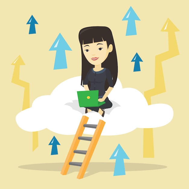 ラップトップで雲の上に座っているビジネス女性。