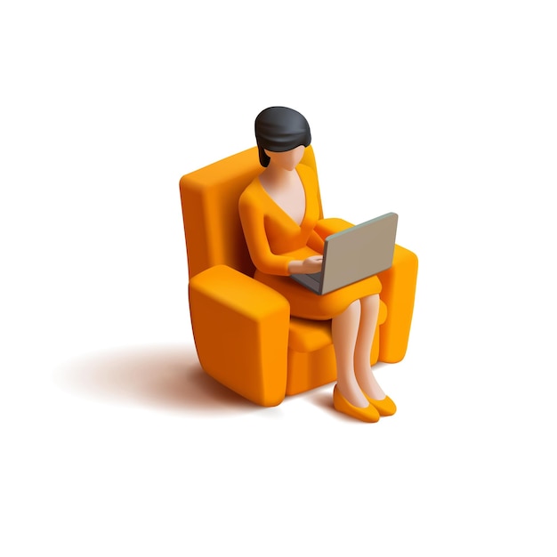 Vector business woman sitting in an orange chair and working on a laptop 3d isometric for work design concepts online meetings management comfort remote work vector