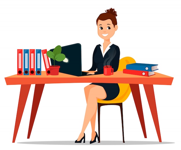 Vector business woman sitting at the table