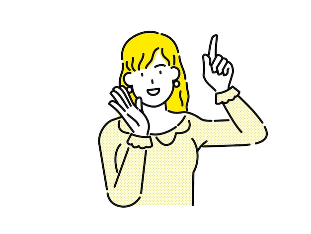 Business woman smiling with her hand raised and finger pointing upwards