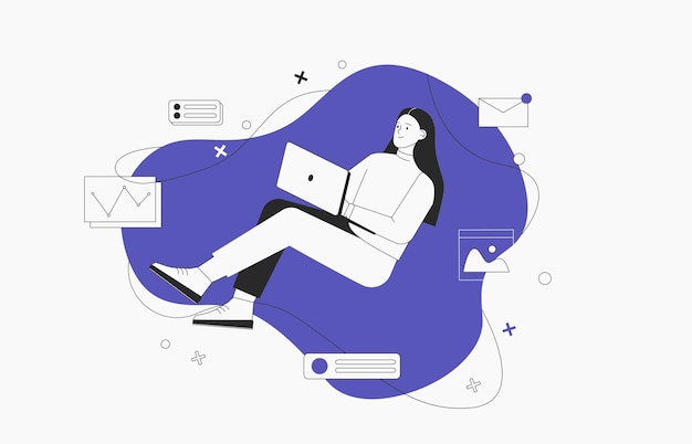 Business woman, smm manager, programmer, sit on infographic and work on laptop. Freelancer working on web and application development on computers. Software developers. Flat style vector illustration.