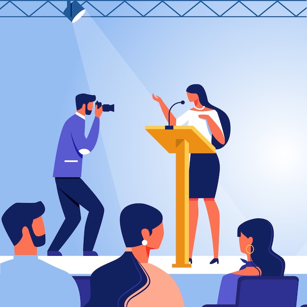 Business Woman on Stage in front Audience. Vector.