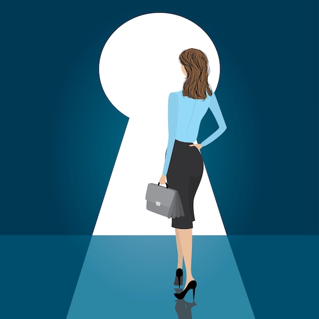 Business woman stand front door keyhole stock vector illustration