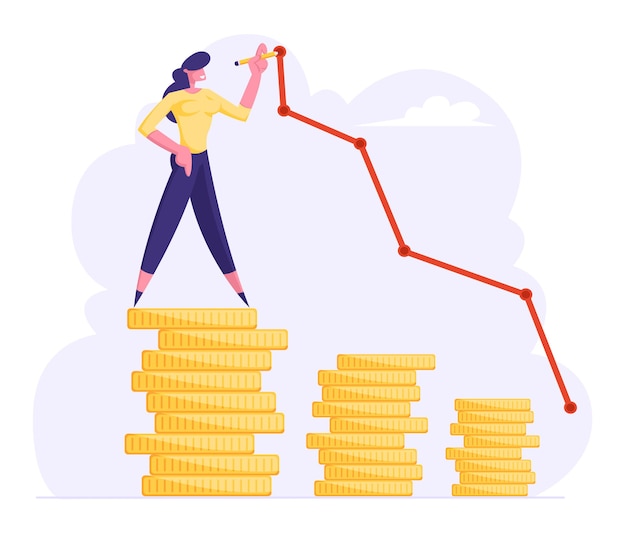 Vector business woman stand on top of golden coin flat illustration