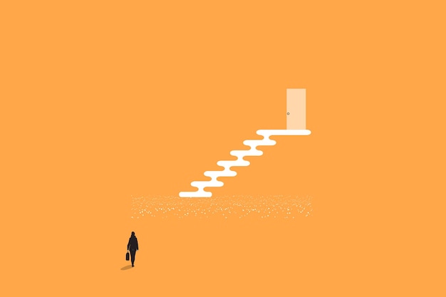 Vector business woman standing in front of stairs with door on top symbol of courage ambition having a goal