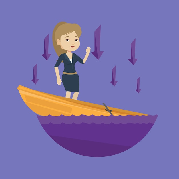 Business woman standing in sinking boat.