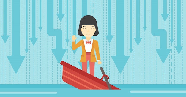 Business woman standing in sinking boat