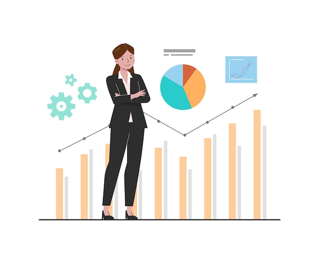 a business woman standing with suit with chart background
