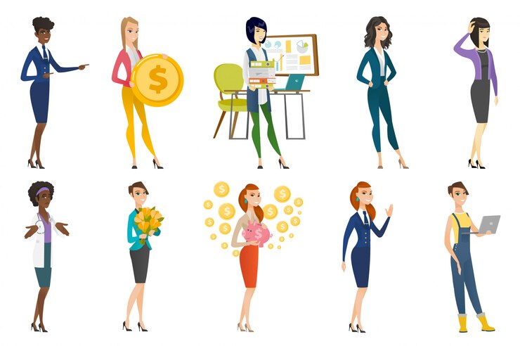 Vector business woman, stewardess, doctor profession set