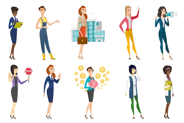 Vector business woman, stewardess, doctor profession set