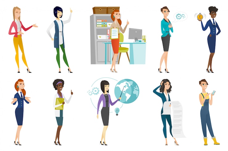 Vector business woman, stewardess, doctor profession set