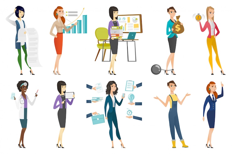 Vector business woman, stewardess, doctor profession set
