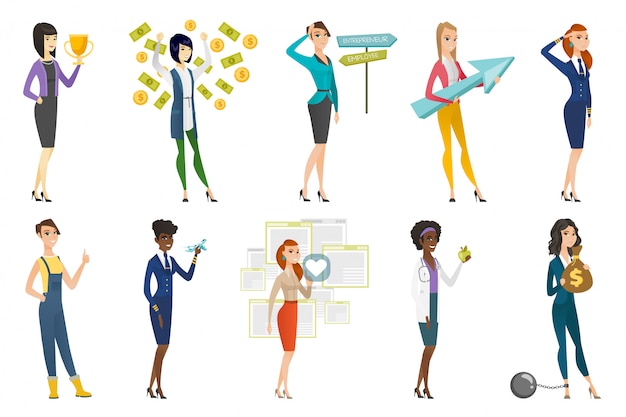 Vector business woman, stewardess, doctor profession set