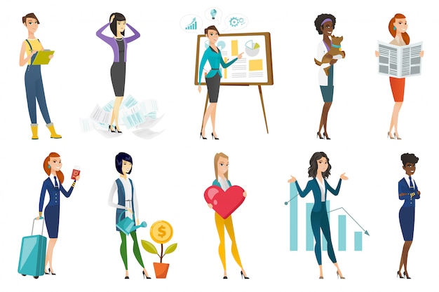 Vector business woman, stewardess, doctor profession set