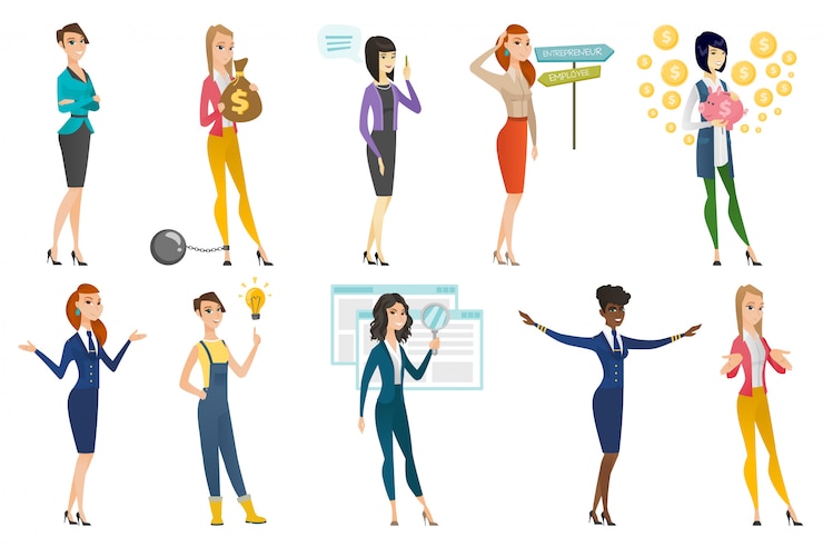 Vector business woman, stewardess, doctor profession set.
