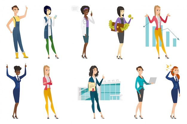 Vector business woman, stewardess, doctor profession set.