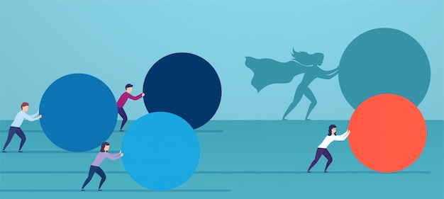 Business woman superhero pushes red sphere, overtaking competitors.