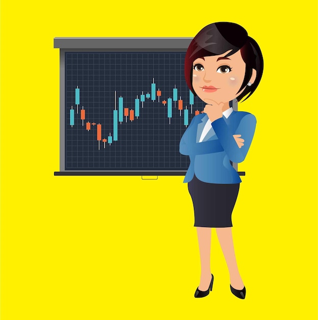 business woman thinking and analyzing stock graph chart