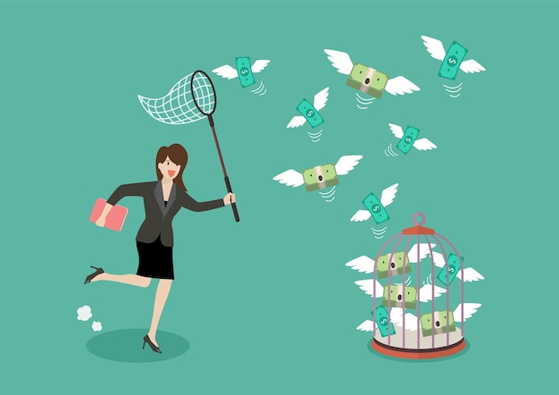 Vector business woman trying to catch flying money into birdcage