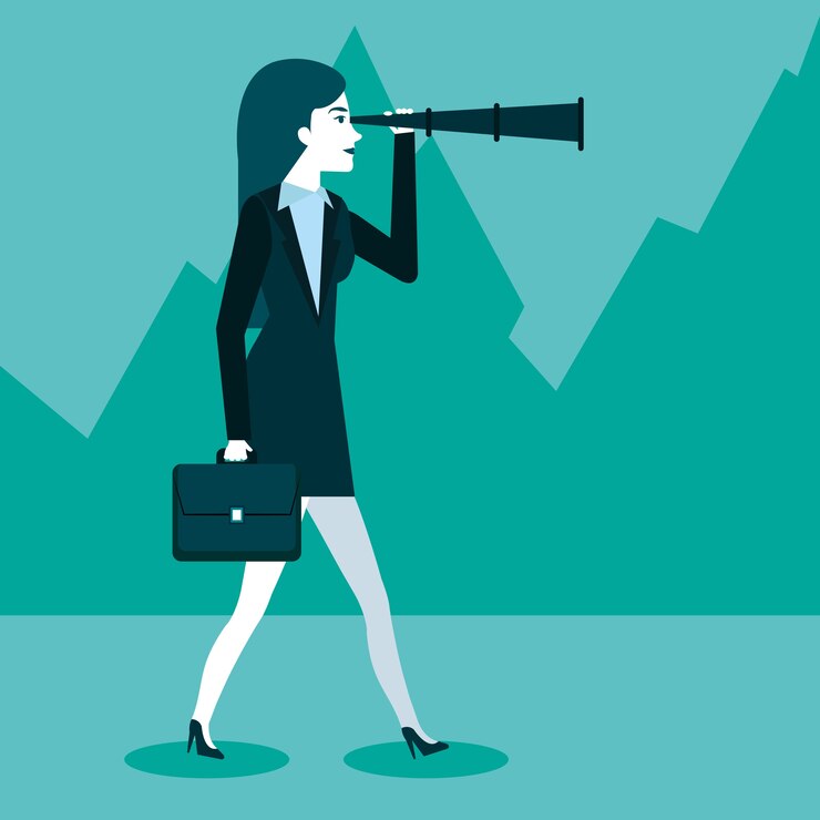Vector business woman using spyglass for searching of opportunities