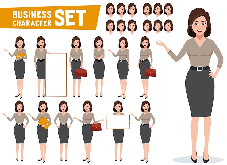 Vector business woman vector character set with professional young female office or sales employee