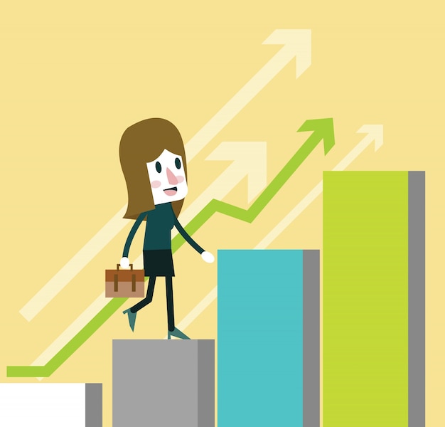 Business woman walk on growing graph. flat character design. vector illustration