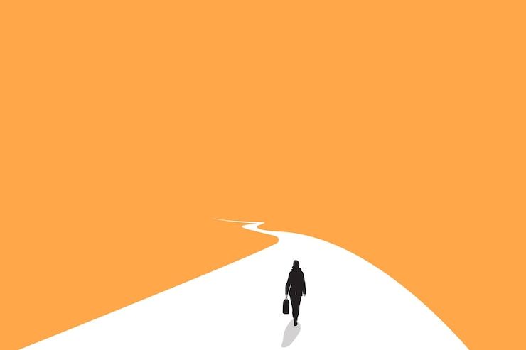 Vector business woman walking follow path concept of ambition motivation opportunities and success