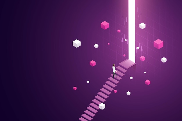 business woman walking up stairs stepping on big light door